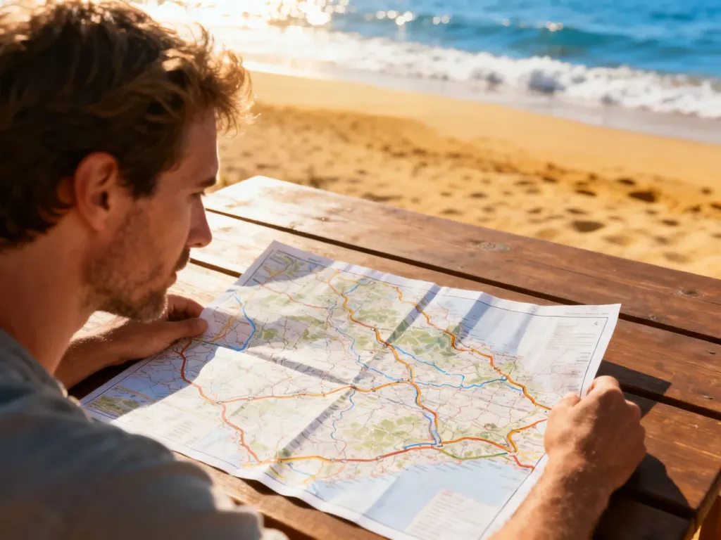 Mężczyzna analizujący mapę drogową na drewnianym stole, z widokiem na słoneczną plażę i morze w tle.