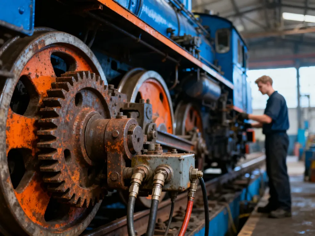 Szczegółowy widok na elementy mechaniczne koła pociągu w warsztacie, w tle mechanik naprawiający lokomotywę.