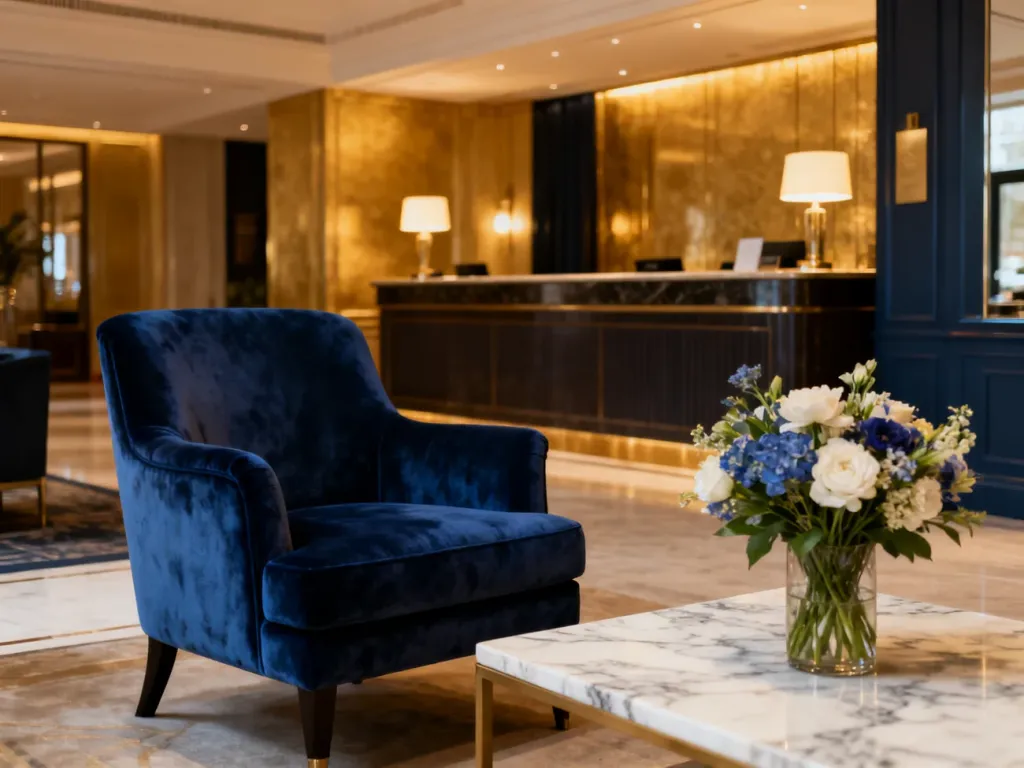 Eleganckie lobby hotelu butikowego z aksamitnym fotelem, marmurowym stolikiem i nastrojowym oświetleniem.