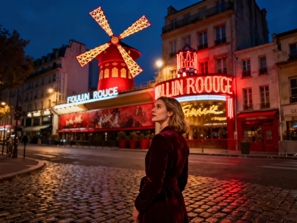 Oświetlony czerwony wiatrak Moulin Rouge nocą z kobietą patrzącą na słynny paryski lokal w romantycznej atmosferze.