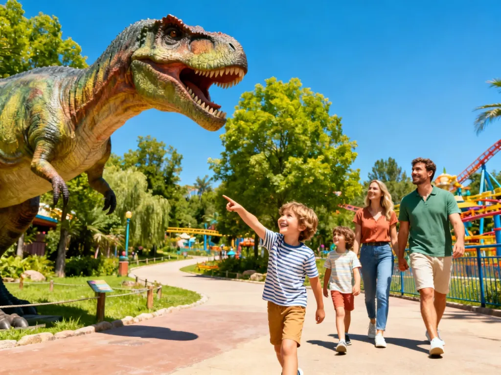 Szczęśliwa rodzina zwiedzająca park dinozaurów w Bałtowie, gdzie dziecko wskazuje na realistyczny model prehistorycznego gada.