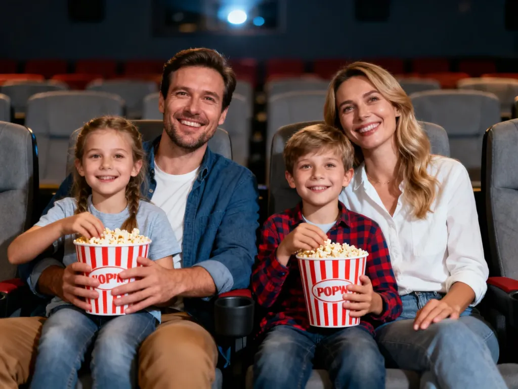 Szczęśliwa czteroosobowa rodzina z popcornem siedzi w sali kinowej, ciesząc się wspólnym seansem filmowym.
