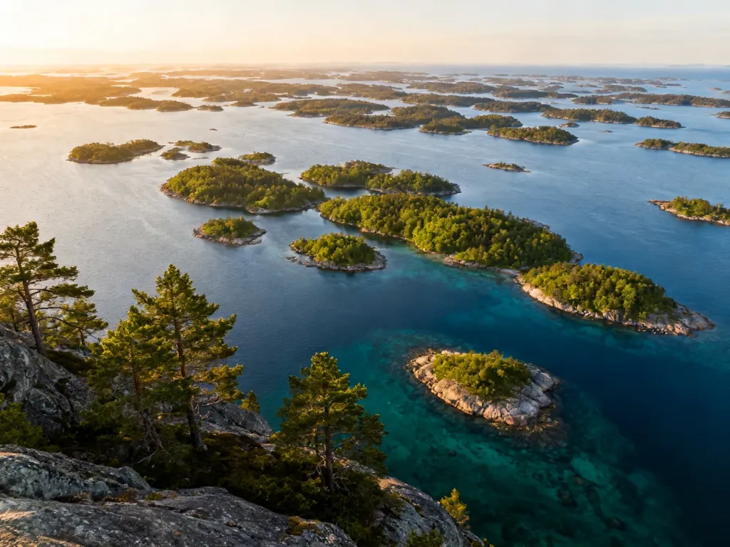 Rozległy archipelag tysięcy zielonych wysp rozsianych na błękitnych wodach w świetle wschodzącego słońca.